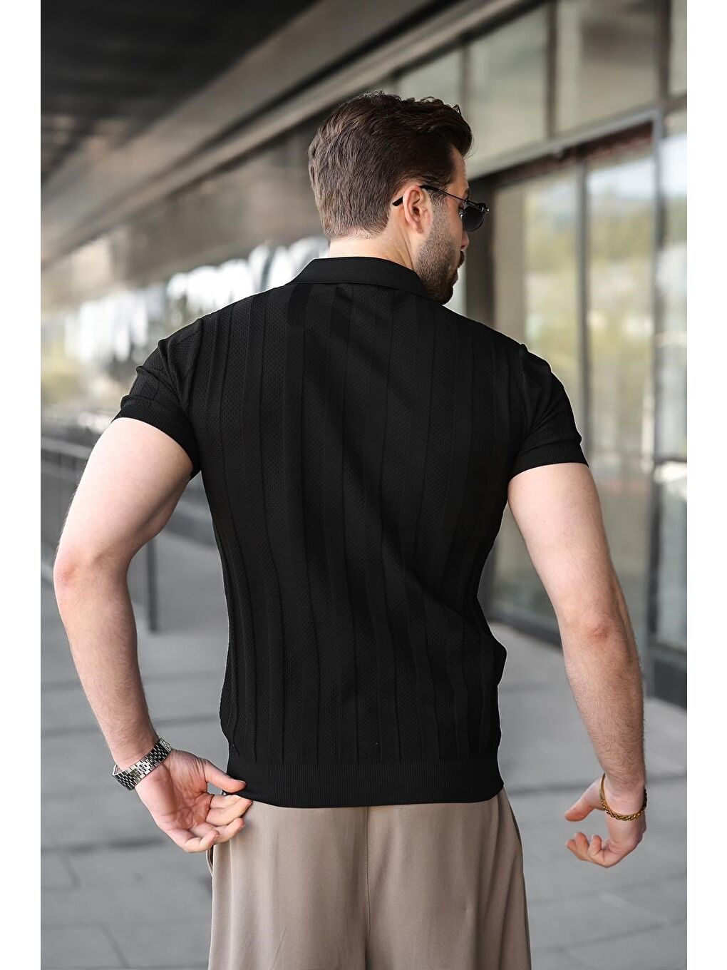 Siyah Slim Fit Polo Yaka Triko Erkek Tişört E7491-3
