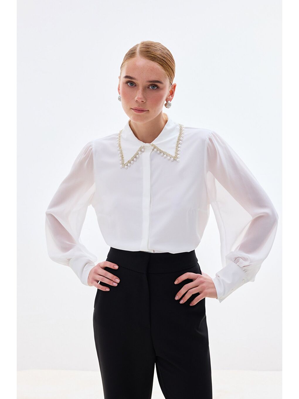 Aksesuar Yakalı Gömlek - Ekru-4