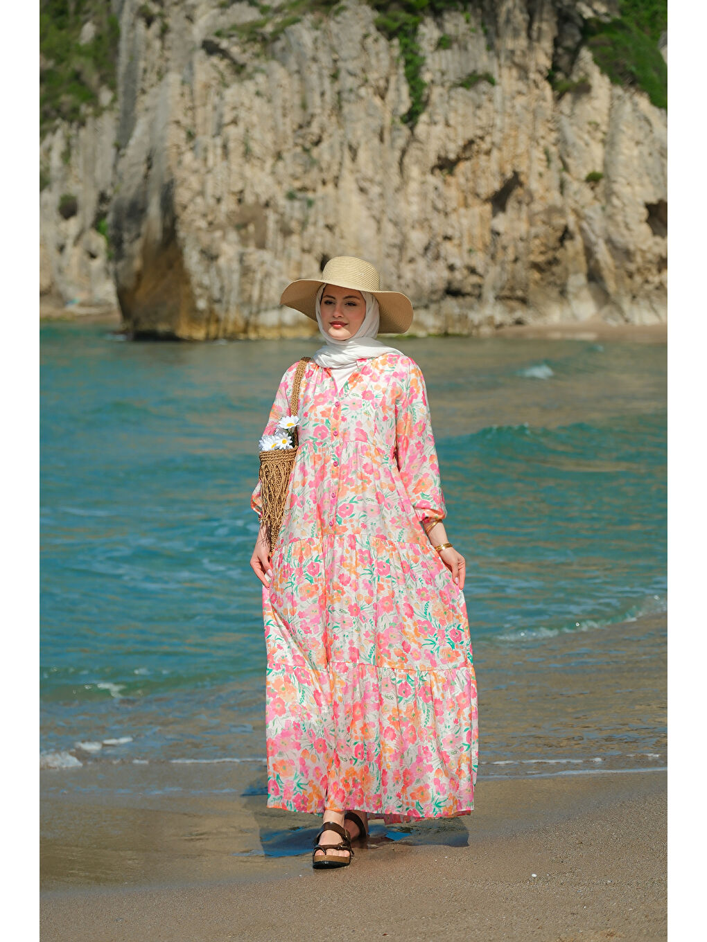 Kadın Sarmaşık Çicek Desenli Elbise Pembe