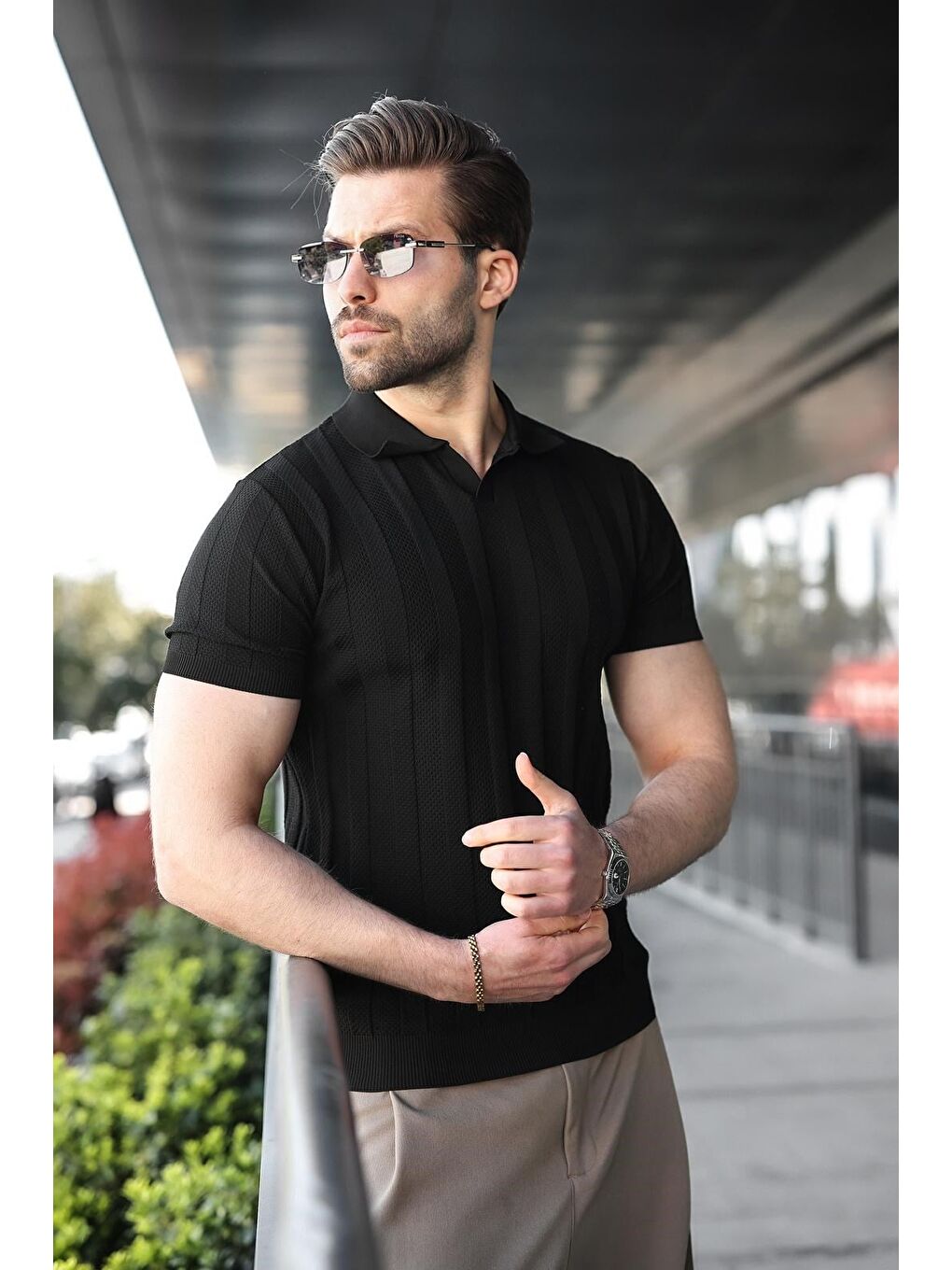 Siyah Slim Fit Polo Yaka Triko Erkek Tişört E7491-4