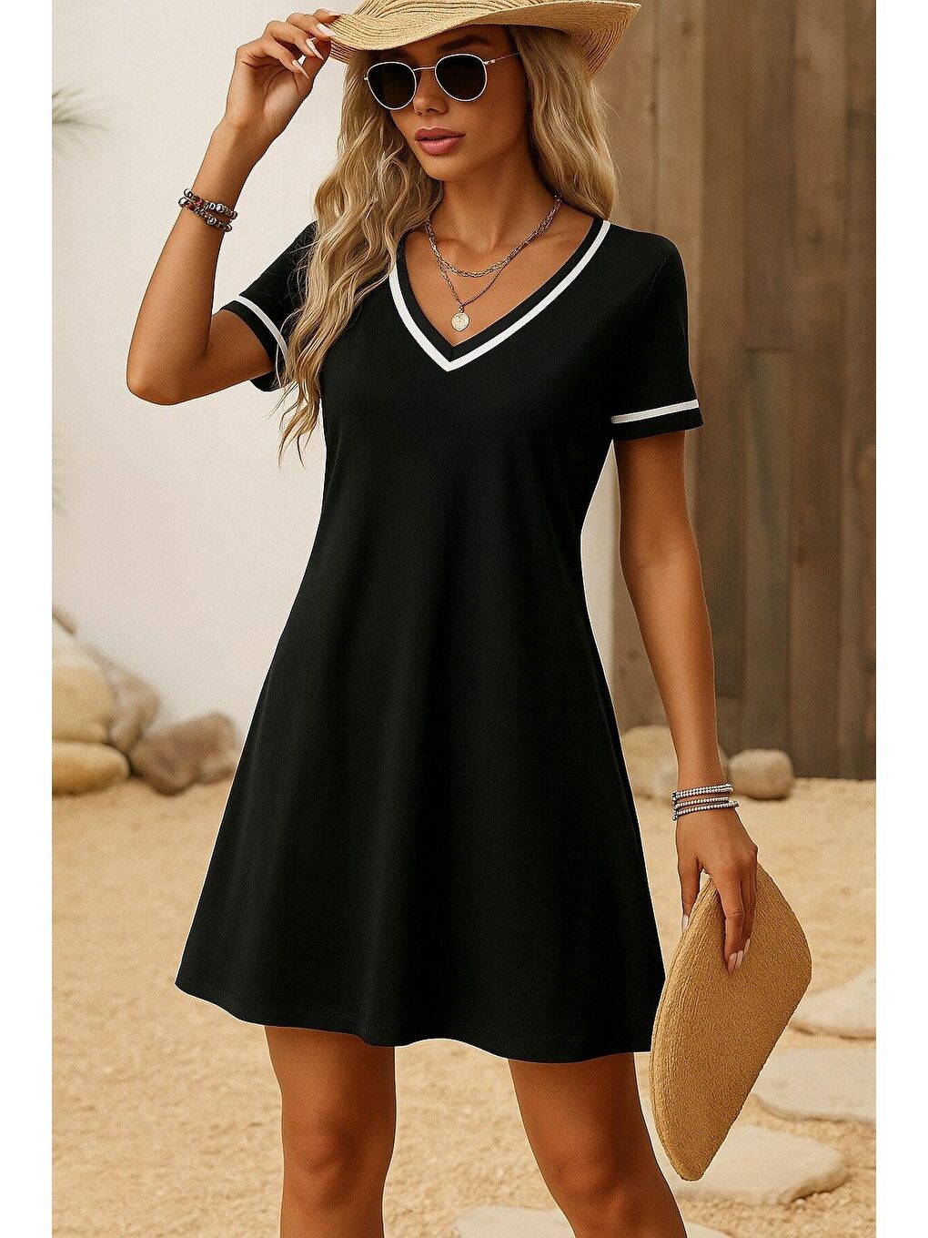 Siyah Kadın Kısa Kollu V çizgili Yakalı Kısa Viskon Elbise