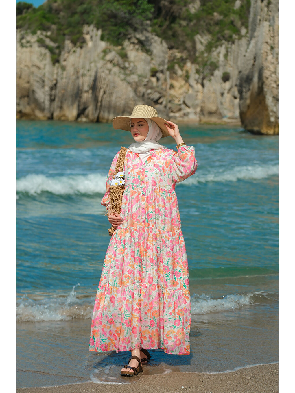 Kadın Sarmaşık Çicek Desenli Elbise Pembe-1