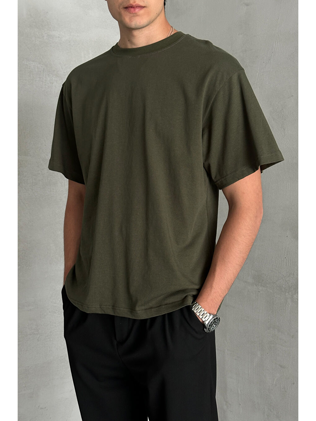 Yeşil Erkek %100 Pamuk Oversize Basic T-shirt-1
