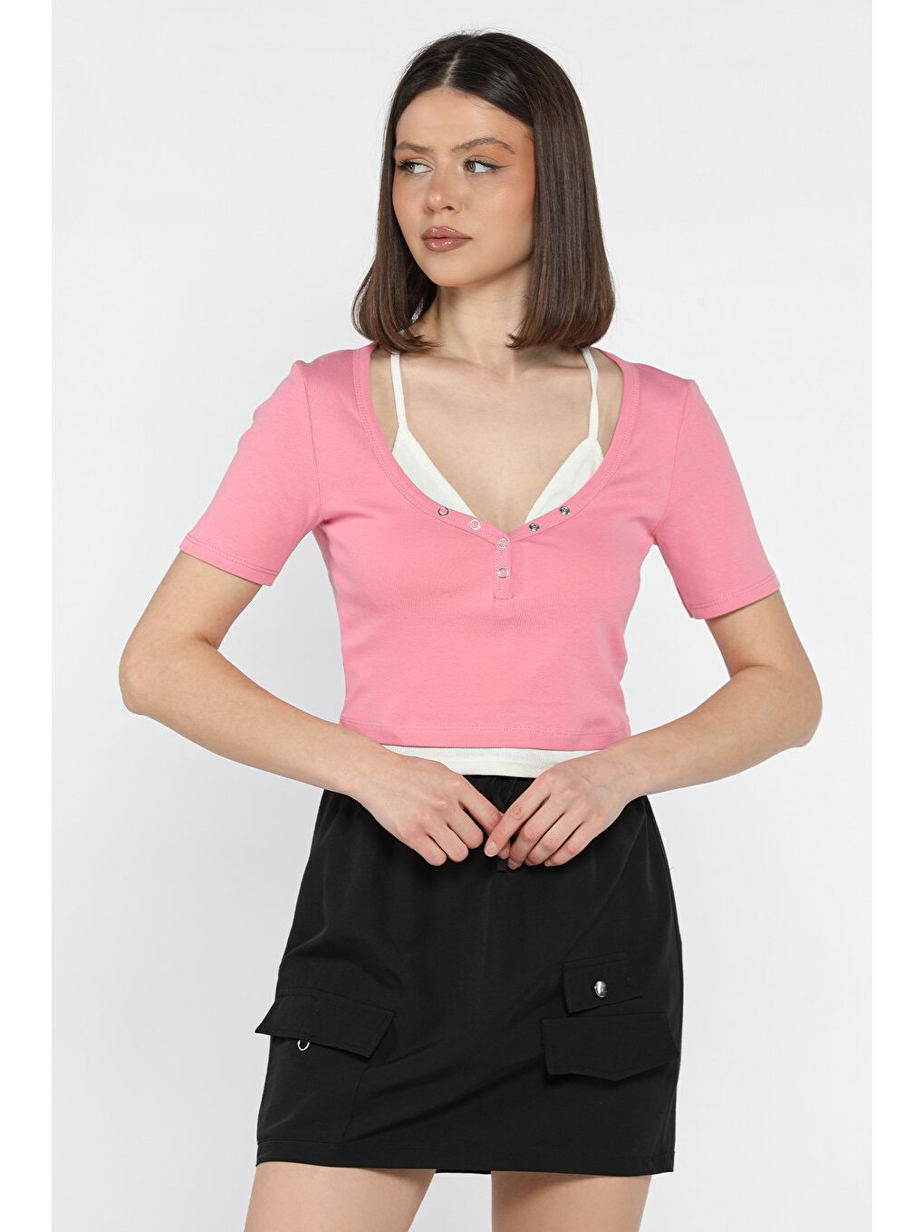 Pembe Kadın Büstiyer Kombinli Ön Çıtçıt Detaylı Bluz-1