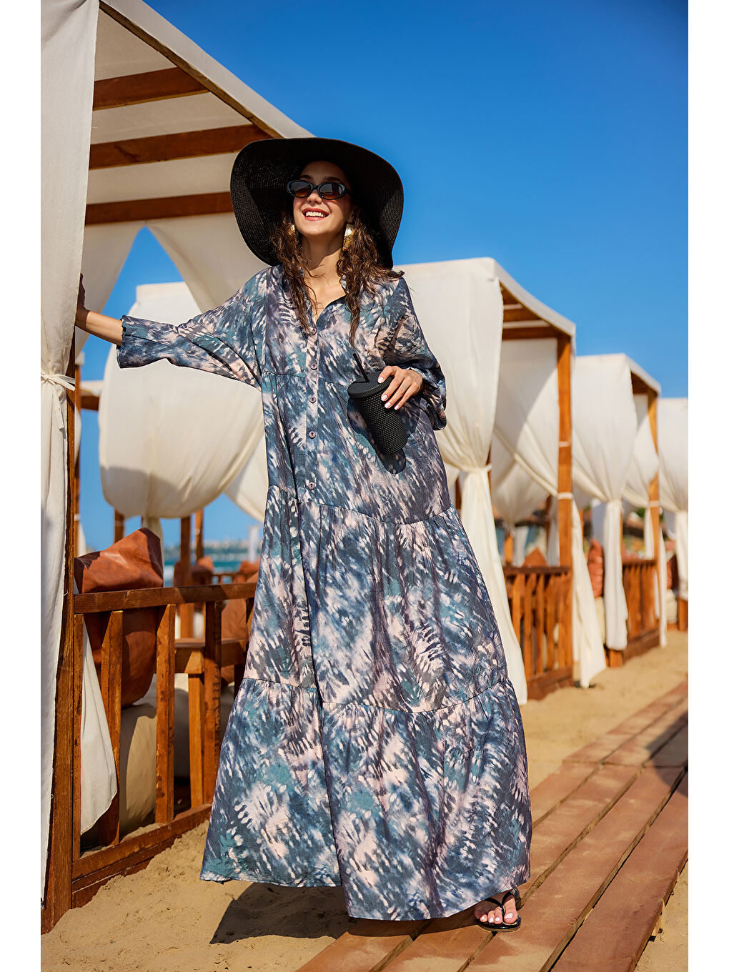 Kadın Batik Desen Elbise Petrol Mavi