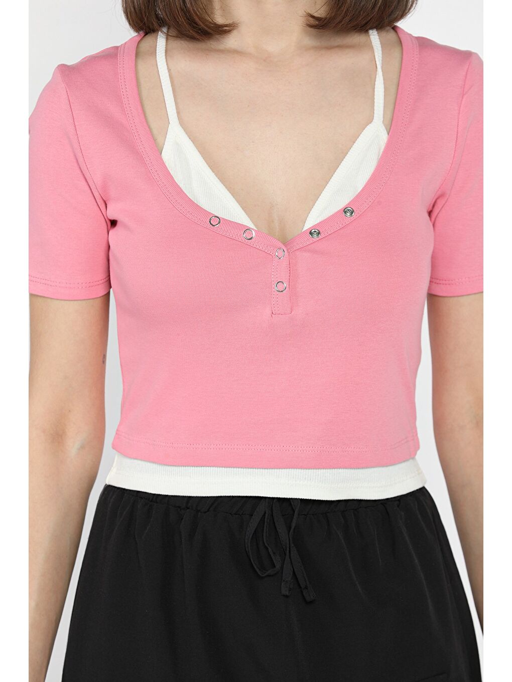 Pembe Kadın Büstiyer Kombinli Ön Çıtçıt Detaylı Bluz-3