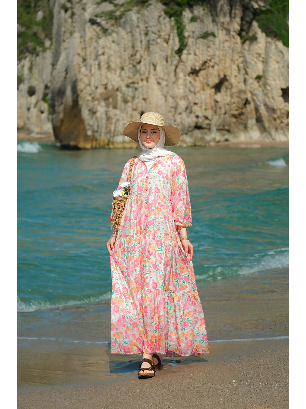 Kadın Sarmaşık Çicek Desenli Elbise Pembe-2