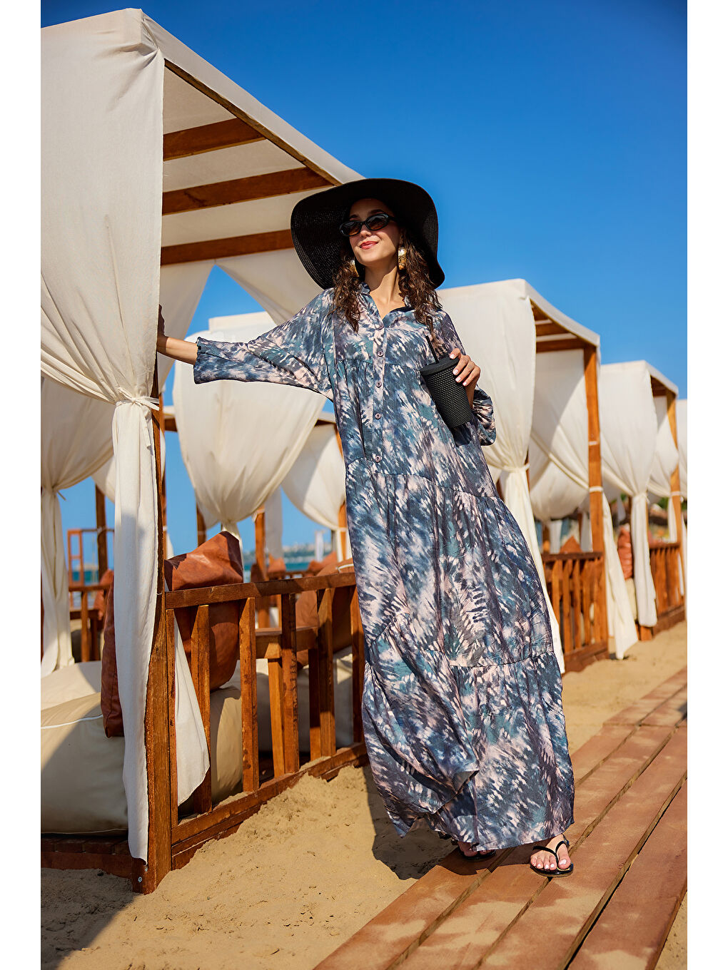 Kadın Batik Desen Elbise Petrol Mavi-1