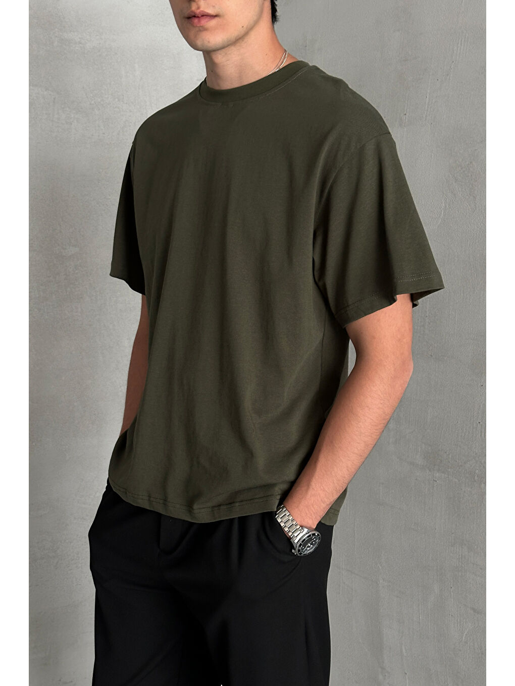 Yeşil Erkek %100 Pamuk Oversize Basic T-shirt-2