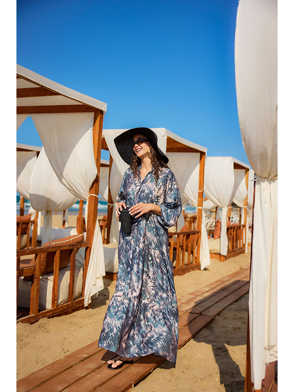 Kadın Batik Desen Elbise Petrol Mavi-2