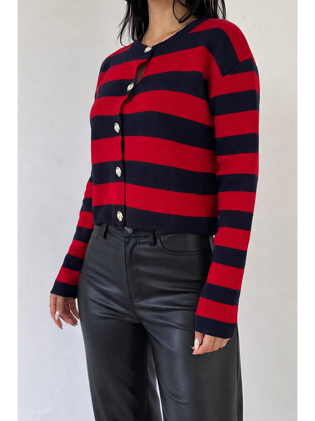 Kırmızı Kadın Çizgili Düğmeli Kaliteli Triko Hırka-1