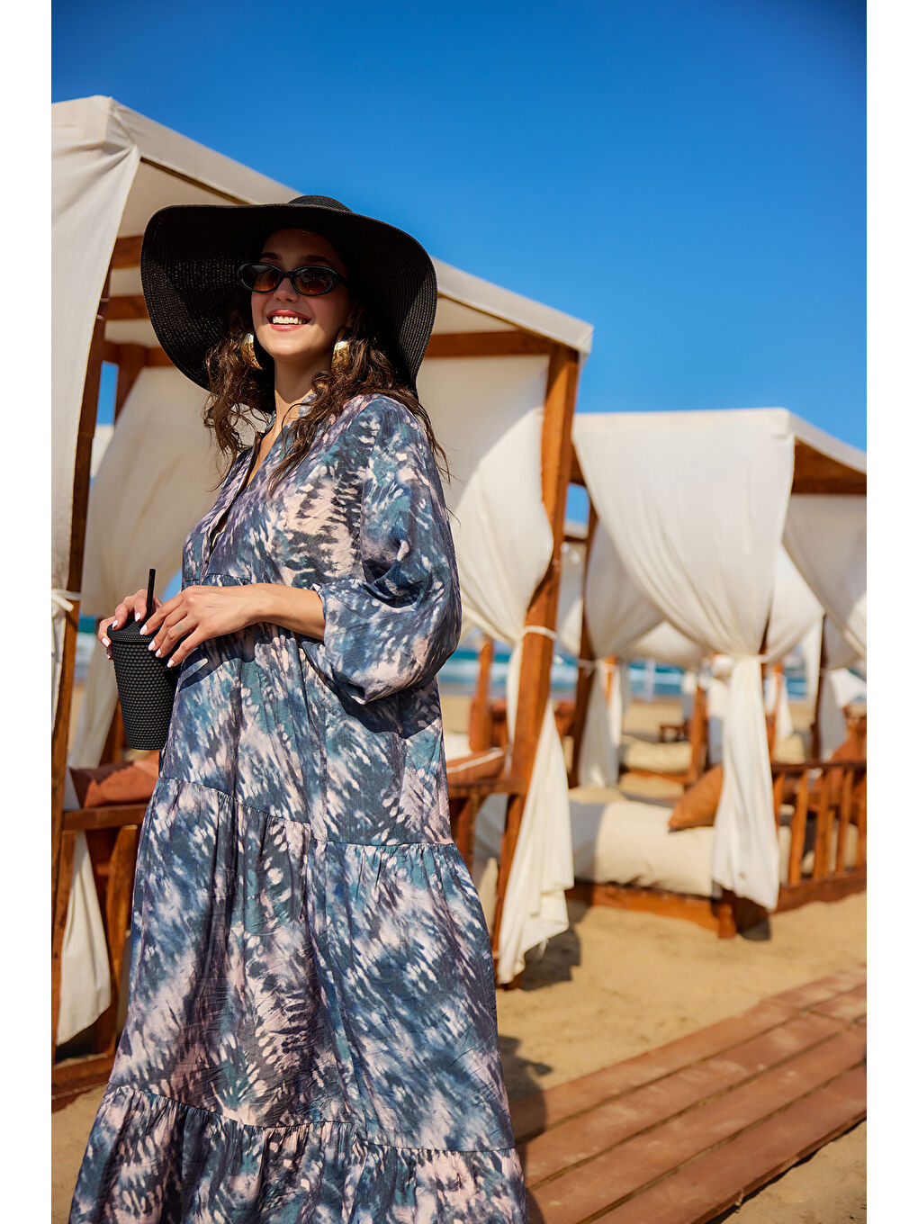 Kadın Batik Desen Elbise Petrol Mavi-3