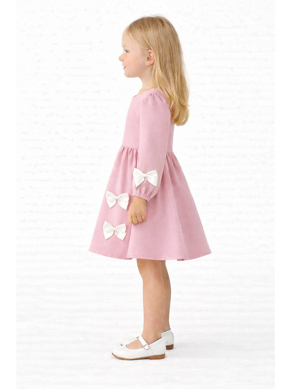 Pembe Bisiklet Yaka İncili Fiyonklu Pudra Rengi Kız Çocuk  Elbise-1