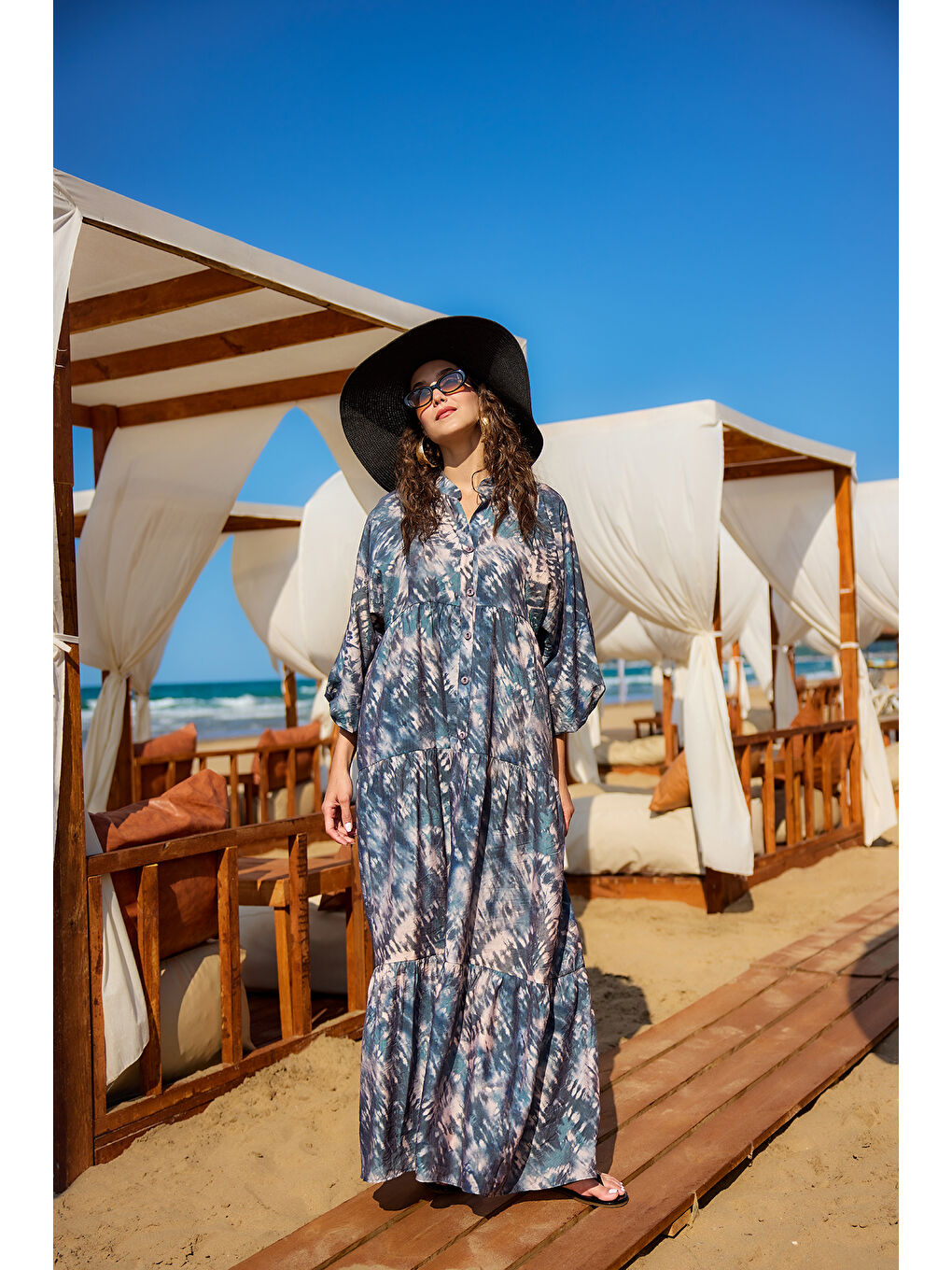 Kadın Batik Desen Elbise Petrol Mavi-4