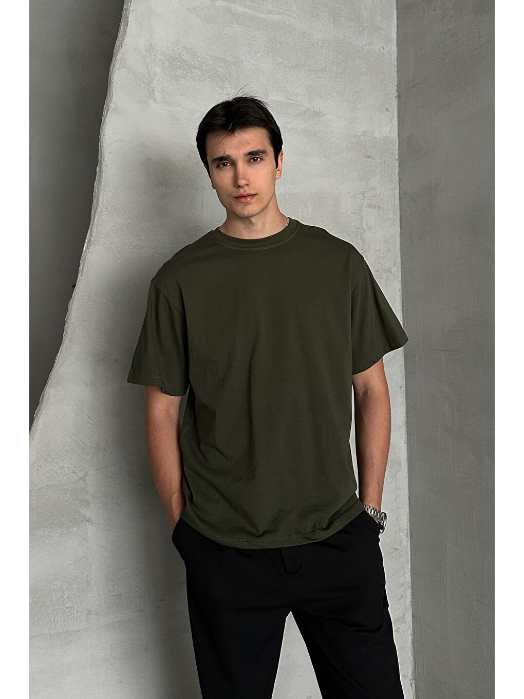 Yeşil Erkek %100 Pamuk Oversize Basic T-shirt-3