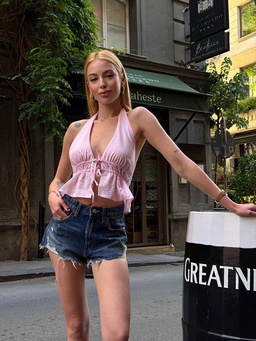 Kadın Pembe Boyundan Bağlamalı Sırtı Açık Keten Bluz HZL24S-ZK11081-1