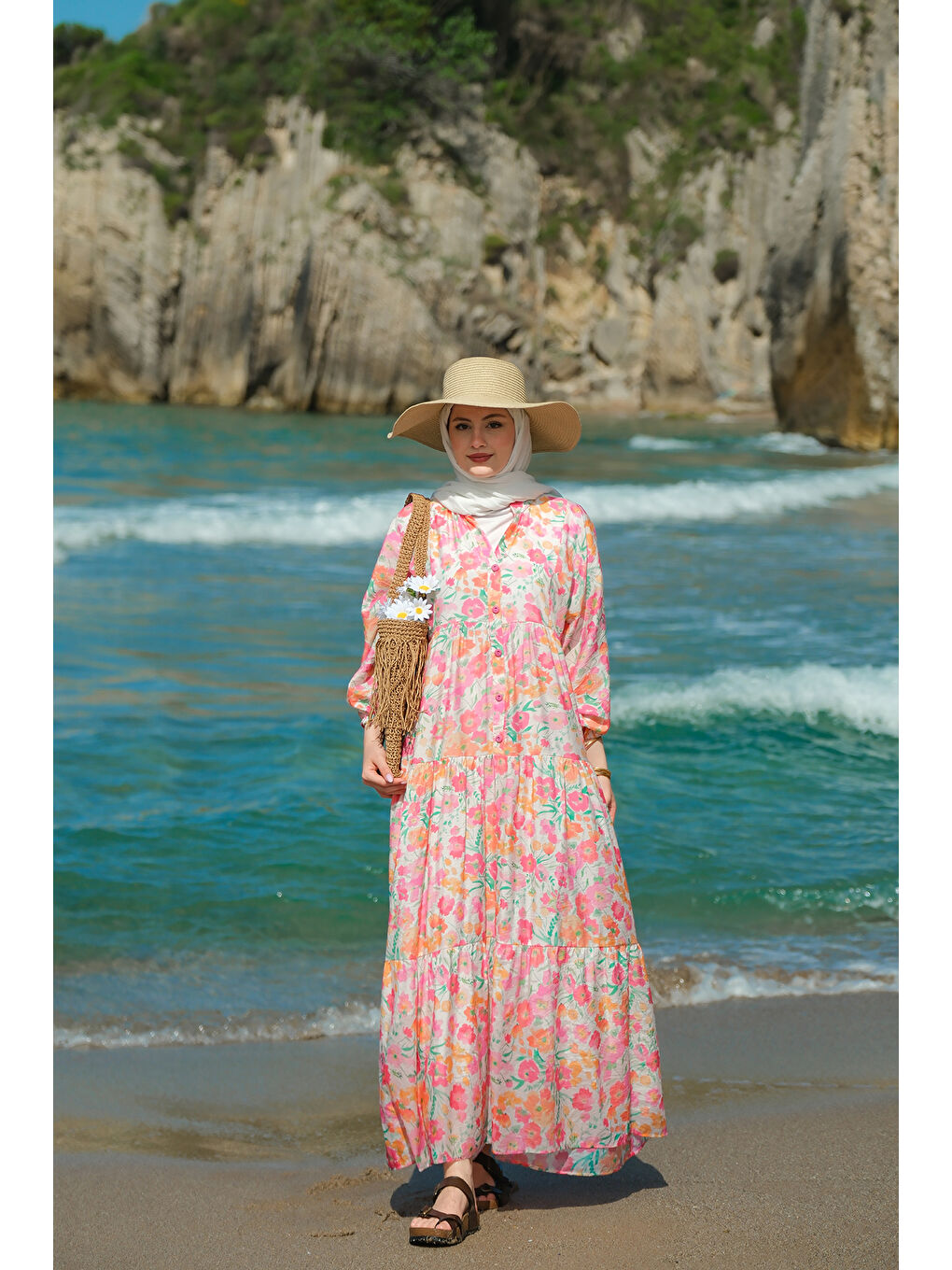 Kadın Sarmaşık Çicek Desenli Elbise Pembe-4