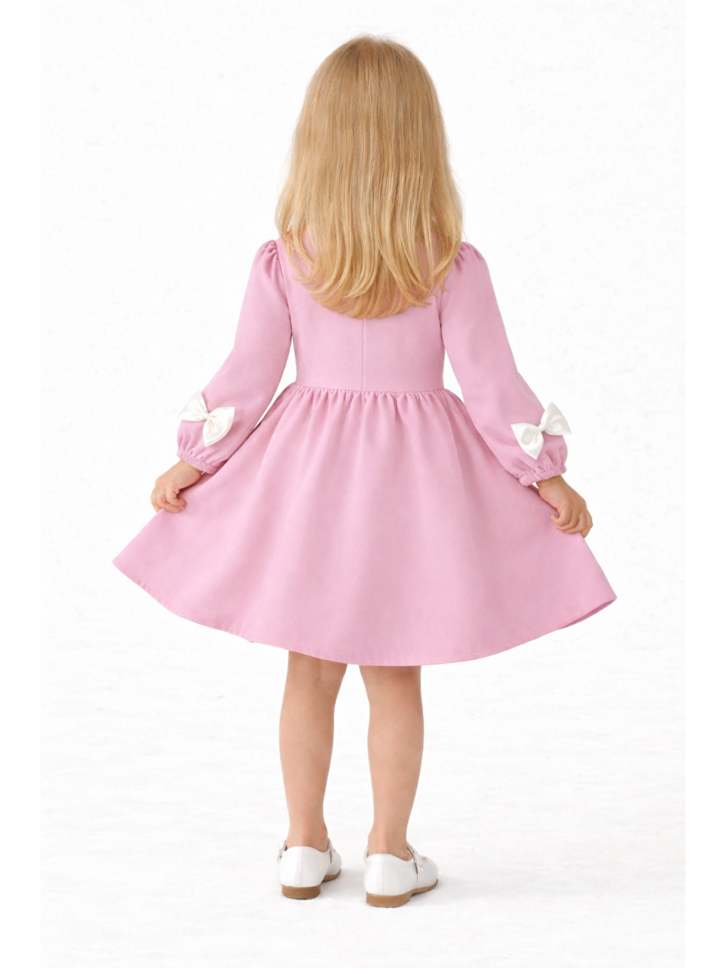 Pembe Bisiklet Yaka İncili Fiyonklu Pudra Rengi Kız Çocuk  Elbise-2