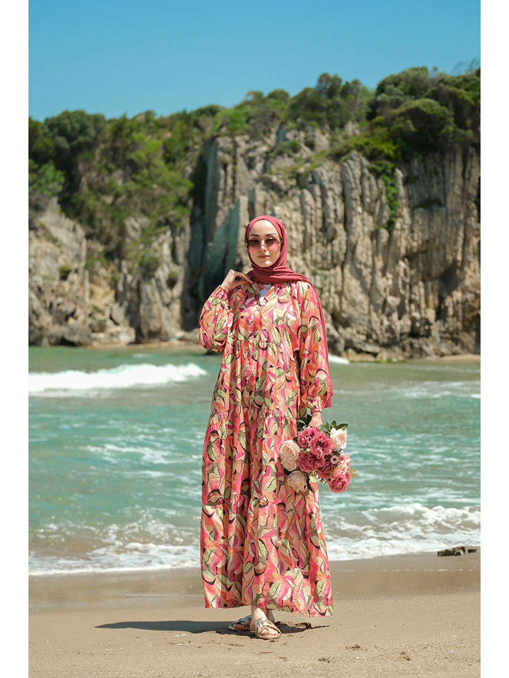 Kadın Soft Botanika Desen Elbise Fuşya-1