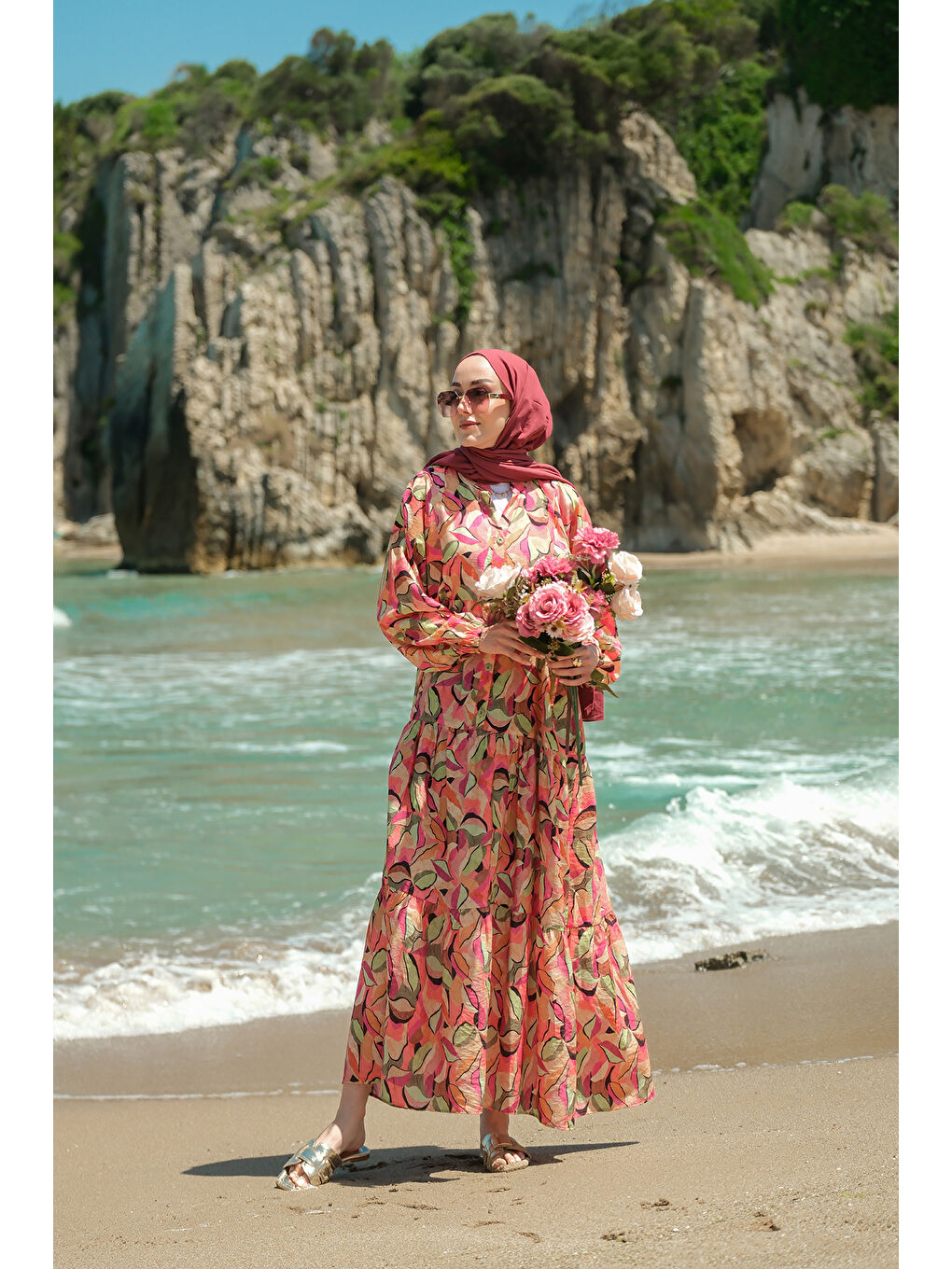 Kadın Soft Botanika Desen Elbise Fuşya-2