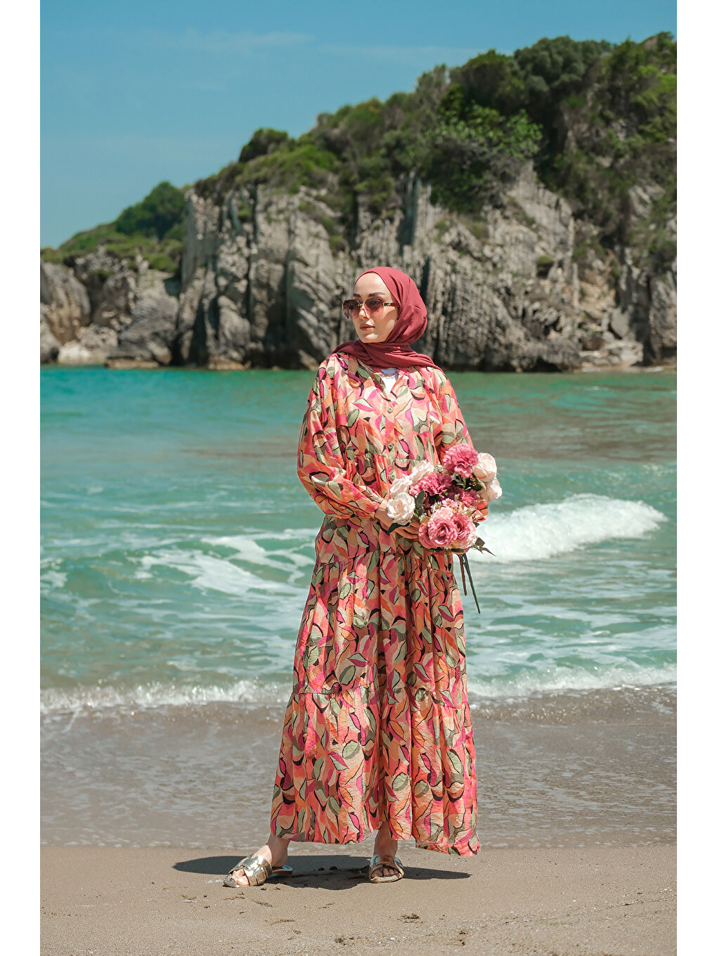 Kadın Soft Botanika Desen Elbise Fuşya-3