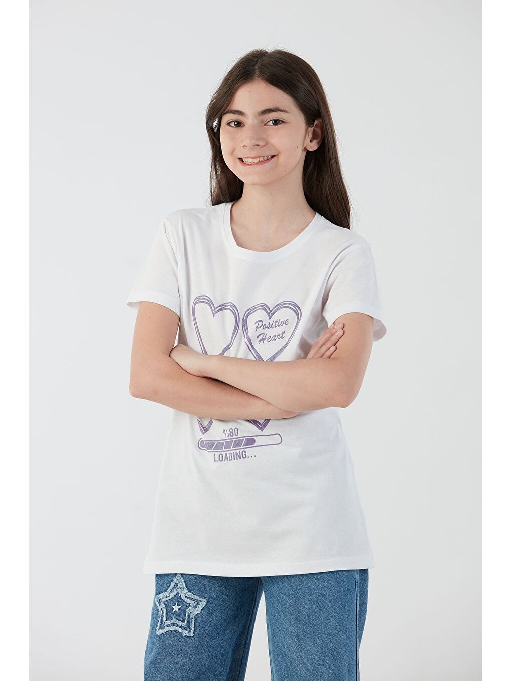 Beyaz %100 Pamuk Kalp Baskılı Kız Çocuk Tişört