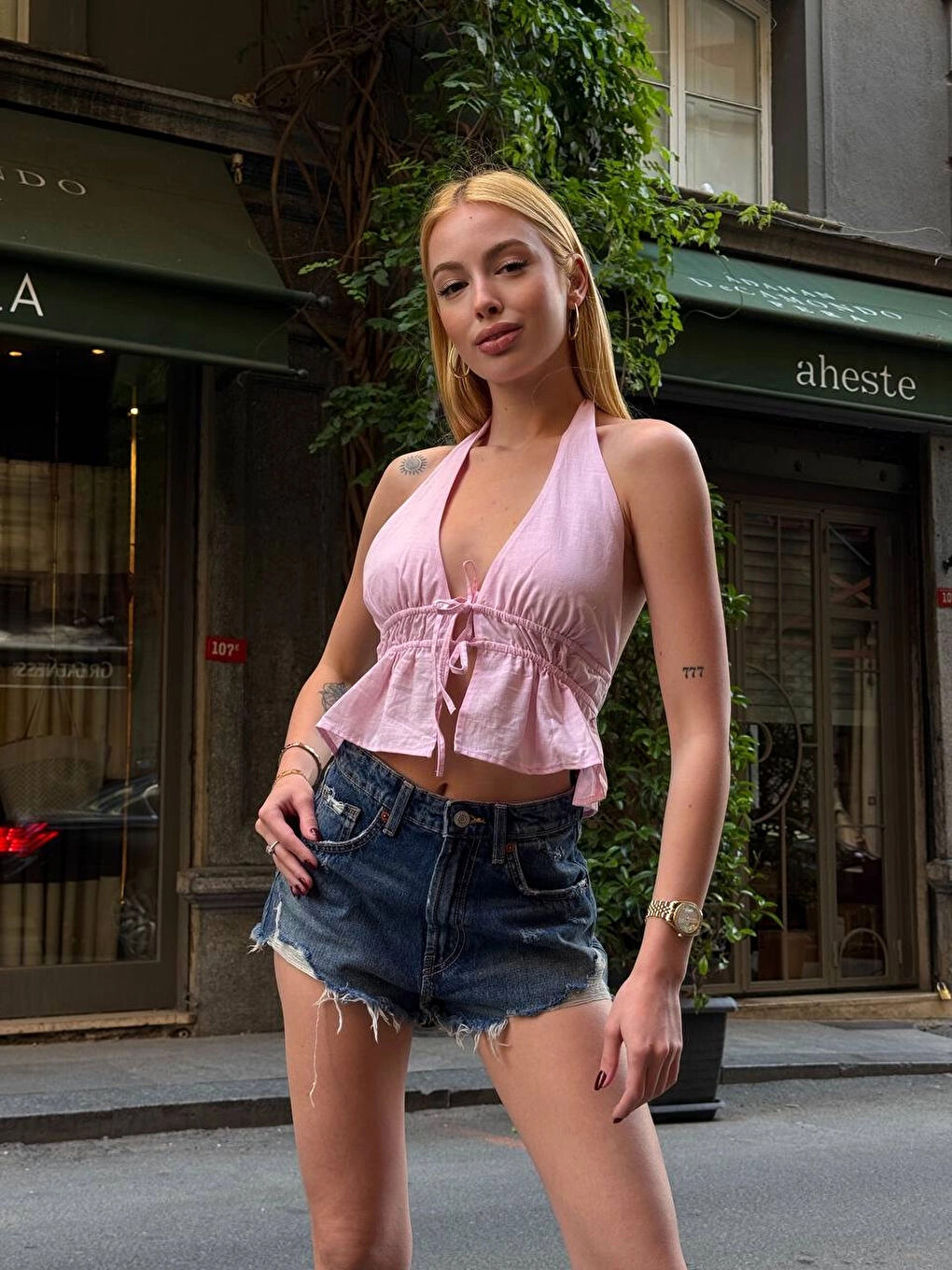 Kadın Pembe Boyundan Bağlamalı Sırtı Açık Keten Bluz HZL24S-ZK11081-3