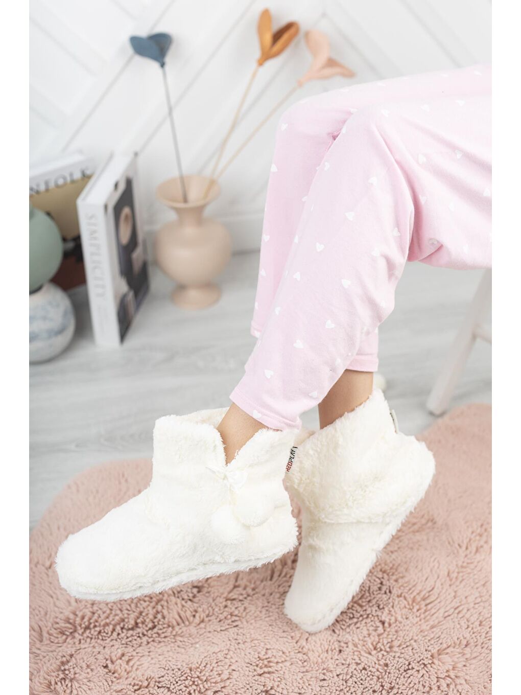 Ekru RP-Çinçila Kadın Panduf Ev Botu Ev Ayakkabısı-1