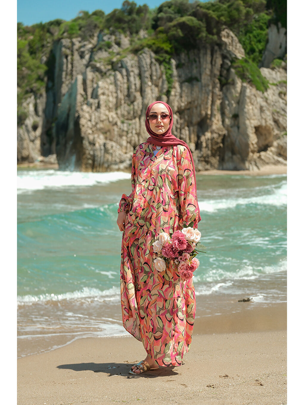 Kadın Soft Botanika Desen Elbise Fuşya-4