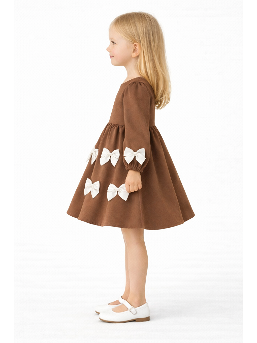Kahverengi Bisiklet Yaka İncili Fiyonklu Kahve Rengi Kız Çocuk Elbise-1