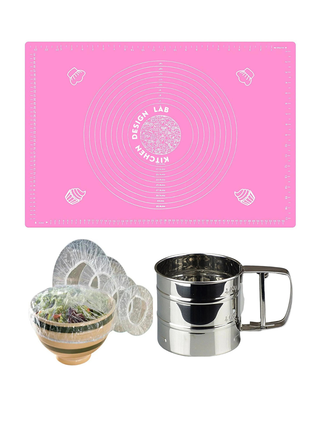 Gri Pembe 45x65 cm Silikon Hamur Açma Matı Çelik Un Eleği ve Hamur Dinlendirme Poşeti 8'li