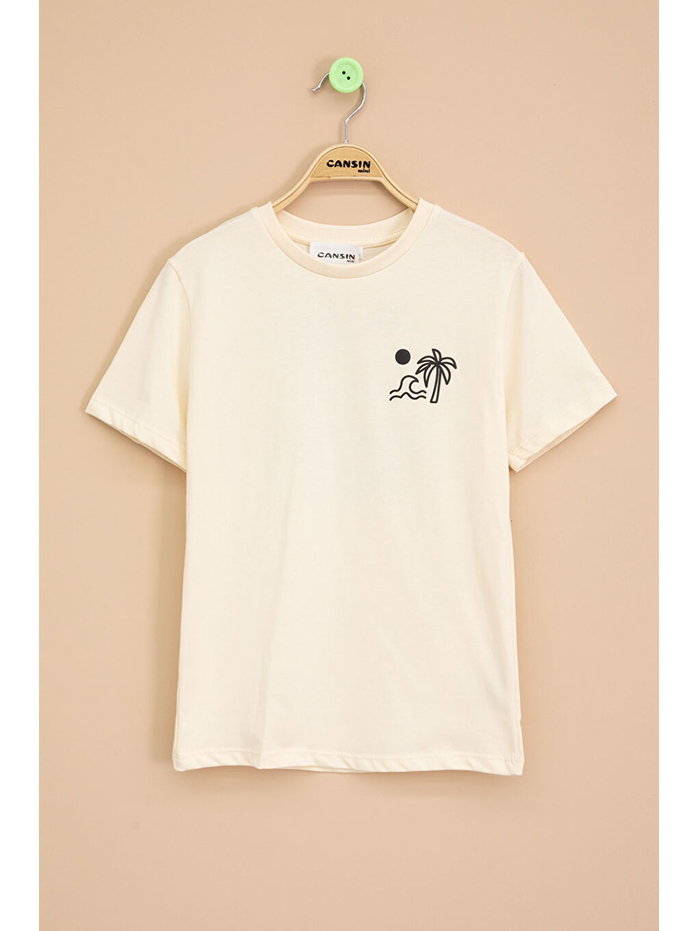 Ekru Krem Palmiye Baskılı Sırtı Yazılı Erkek Çocuk Kısa Kol Tişört 20926