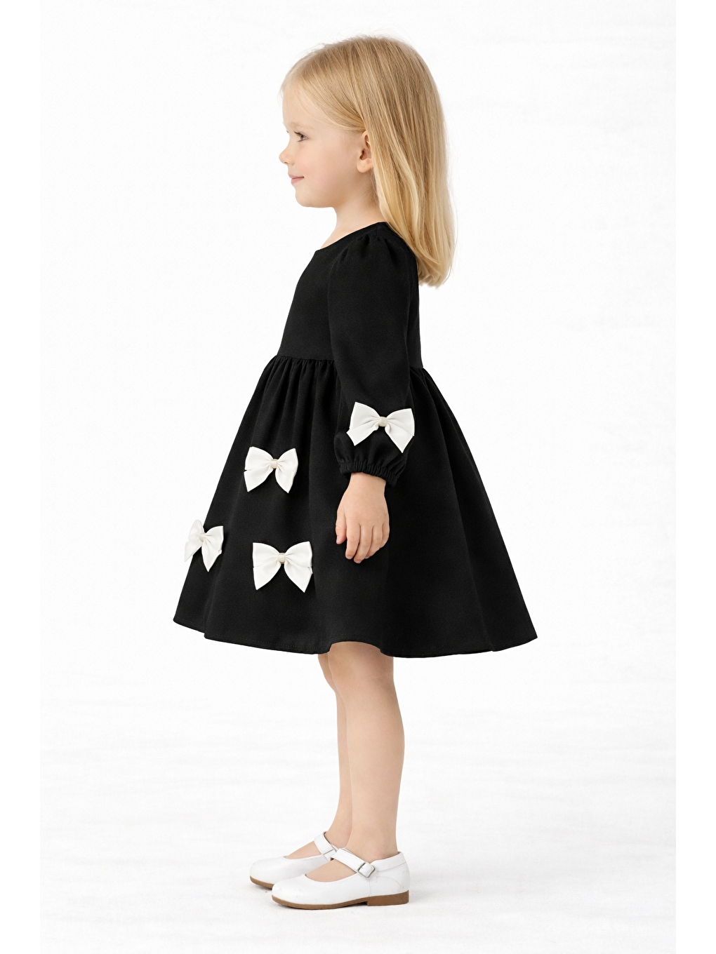 Bisiklet Yaka İncili Fiyonklu Siyah Renk Kız Çocuk Elbise-1