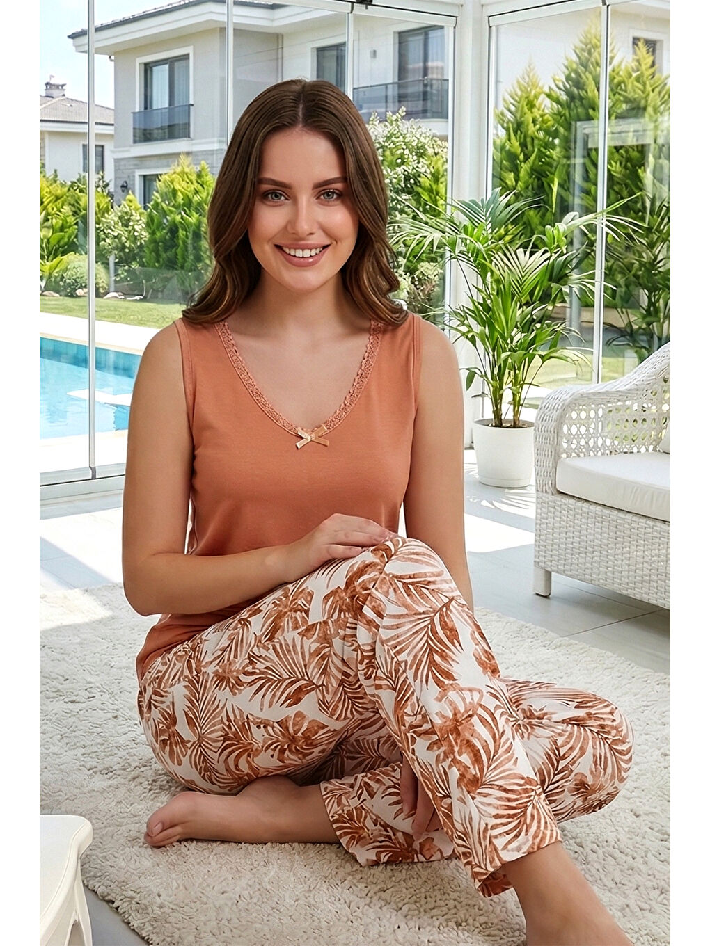 Kahverengi Kadın Sıfır Kol Ring Viskon Pijama Takımı 40108-3163 Kiremit-3