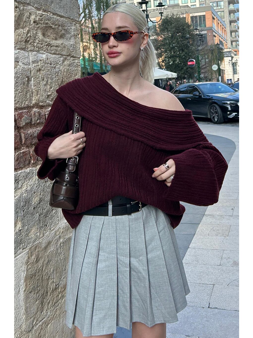 Bordo Madonna Yaka Kadın Kazak Mg2274-1