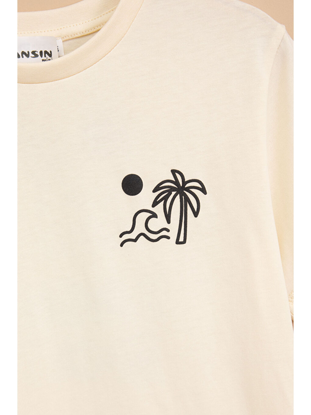 Ekru Krem Palmiye Baskılı Sırtı Yazılı Erkek Çocuk Kısa Kol Tişört 20926-1