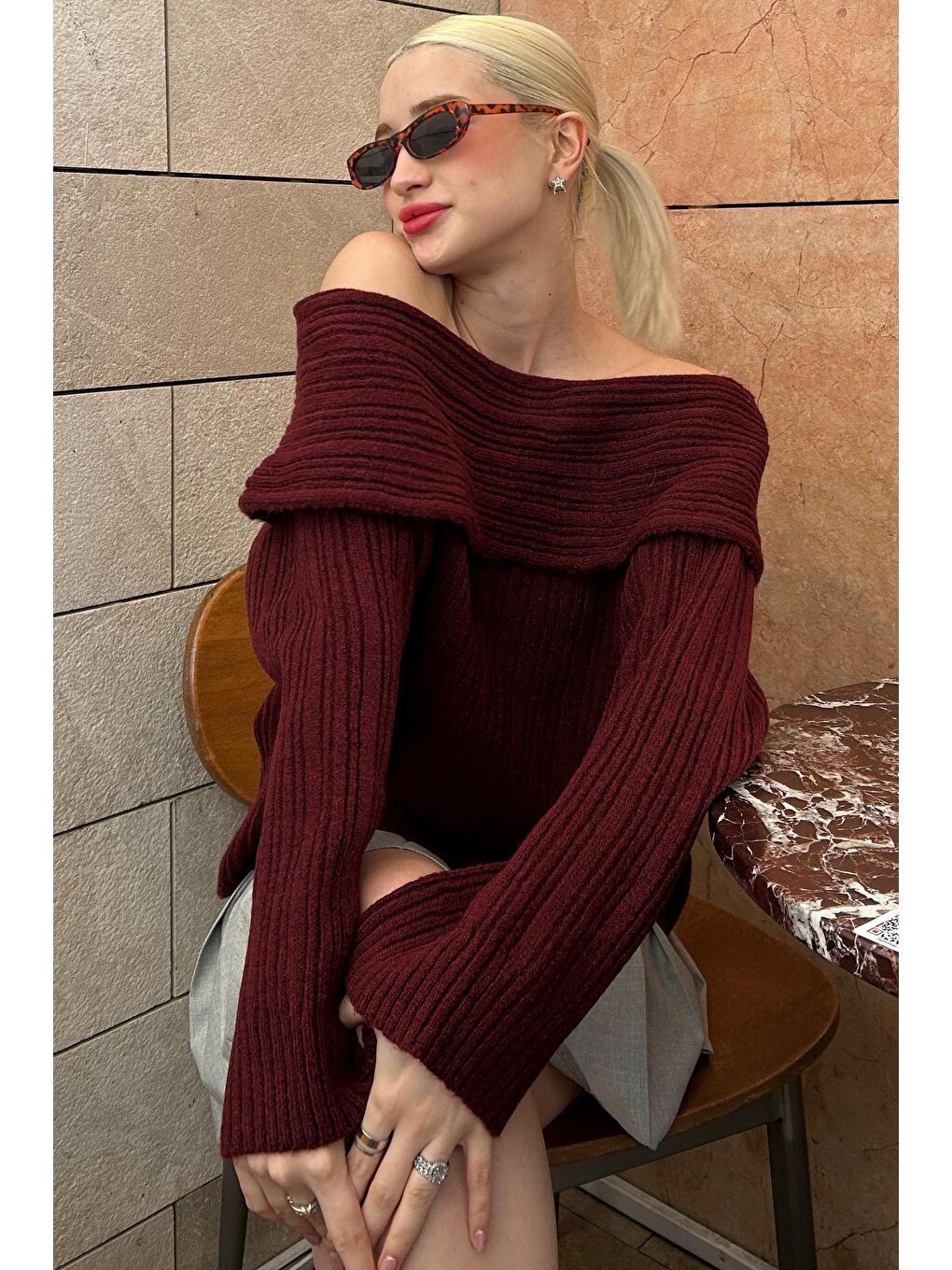 Bordo Madonna Yaka Kadın Kazak Mg2274-2