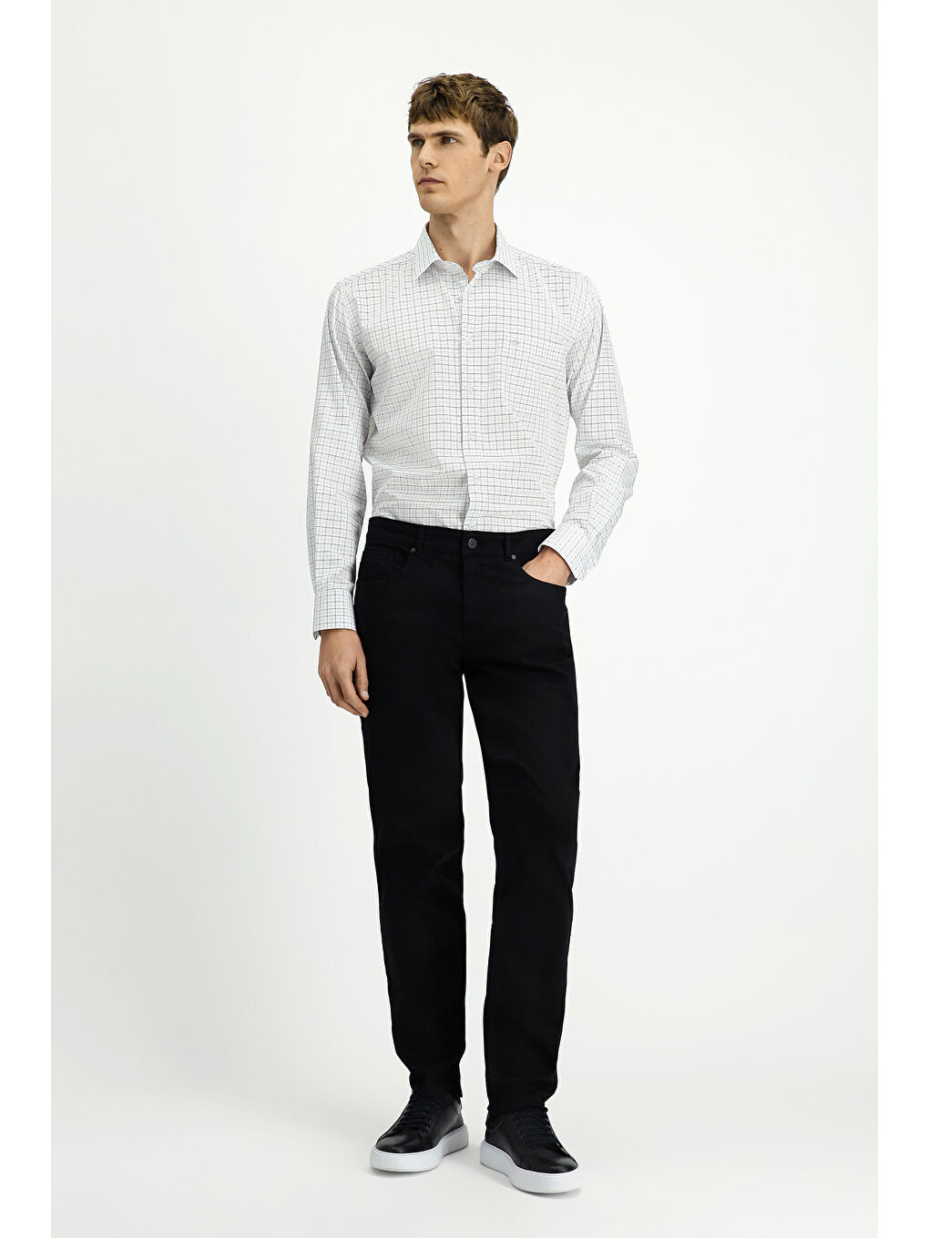 Gri Uzun Kol Klasik Ekose Pamuk Gömlek-1