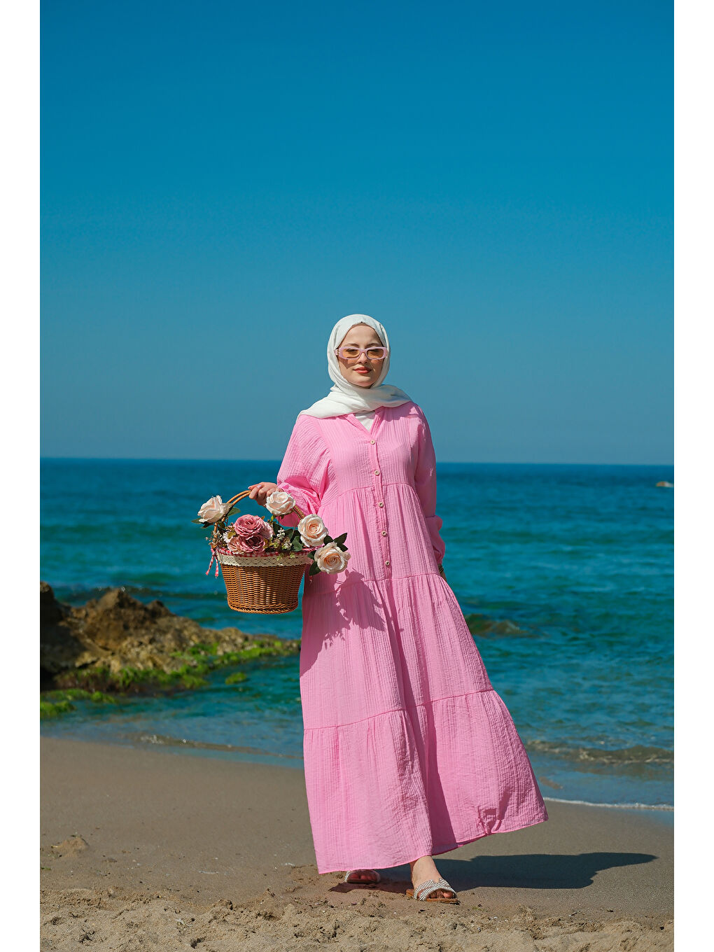 Kadın Kendinden Desenli Elbise Pembe