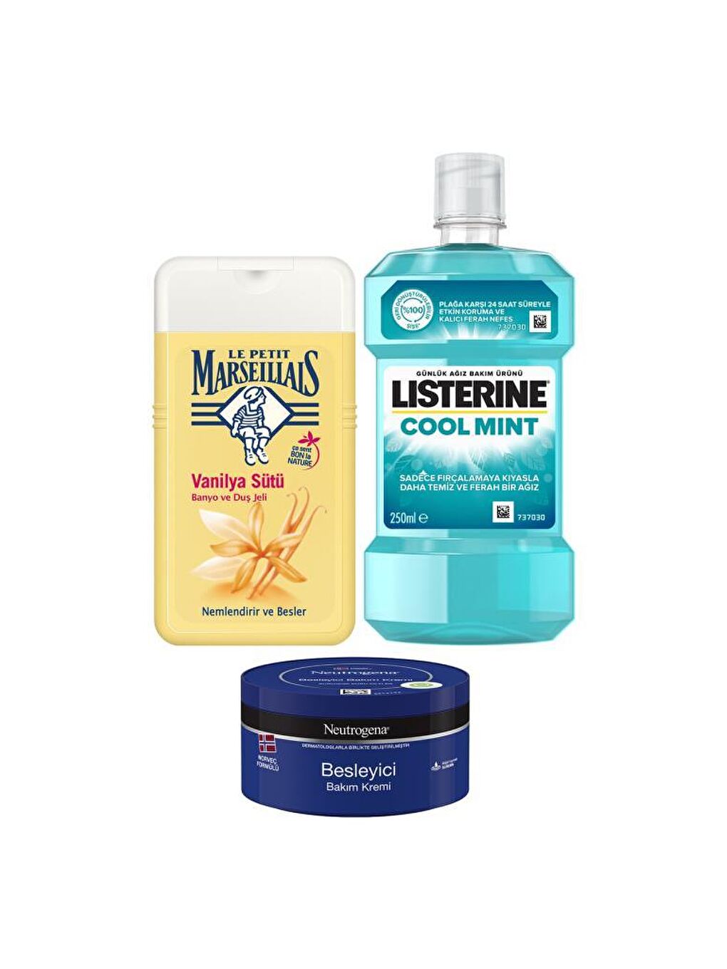 Listerine Renksiz Coolmint Hafif Tat 250+LPM Vanilya Sütü Duş Jeli 250+Neutrogena Besleyici Bakım Kremi 200 - 1