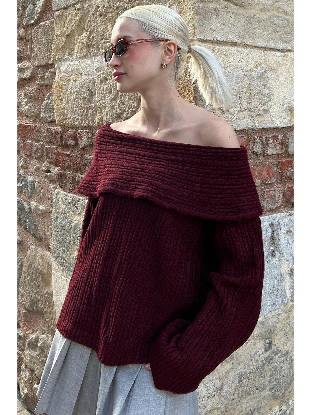 Bordo Madonna Yaka Kadın Kazak Mg2274-3