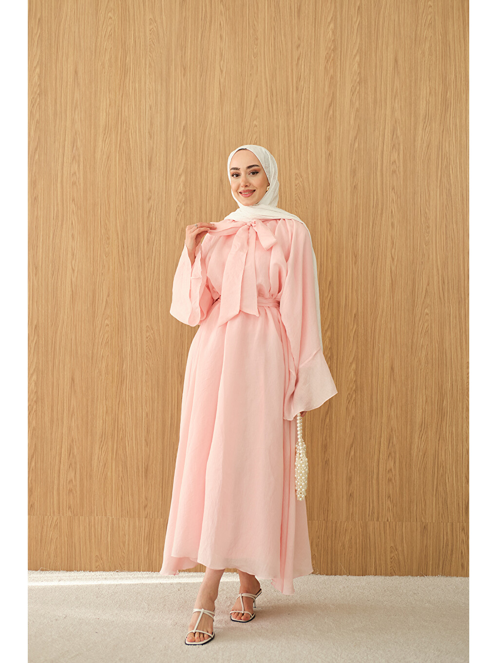 Kadın Tül Kumaş Boyun Bağlamalı Detaylı Bel Bağlamalı Elbise Pembe