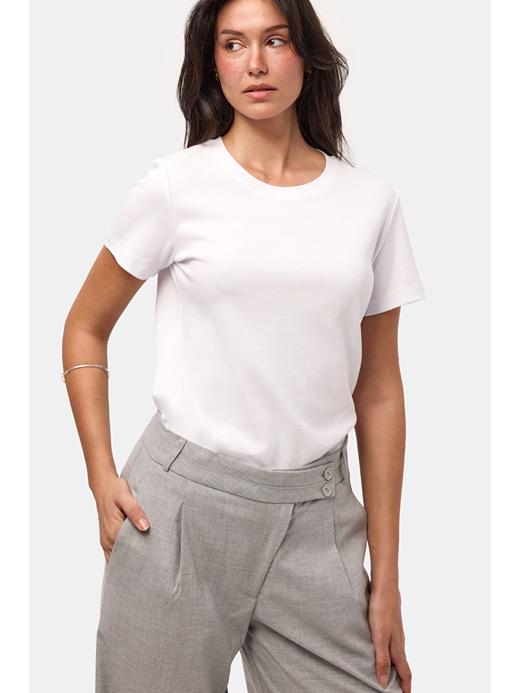 Kadın Beyaz s6-2 Bisiklet Yaka Organik Pamuk T-Shirt-4