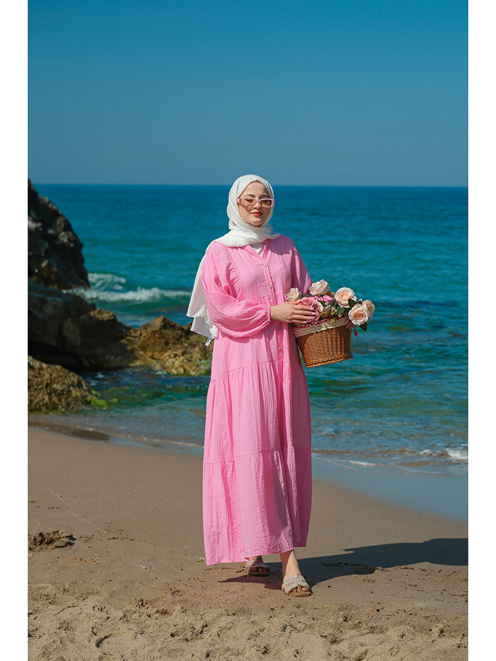 Kadın Kendinden Desenli Elbise Pembe-1