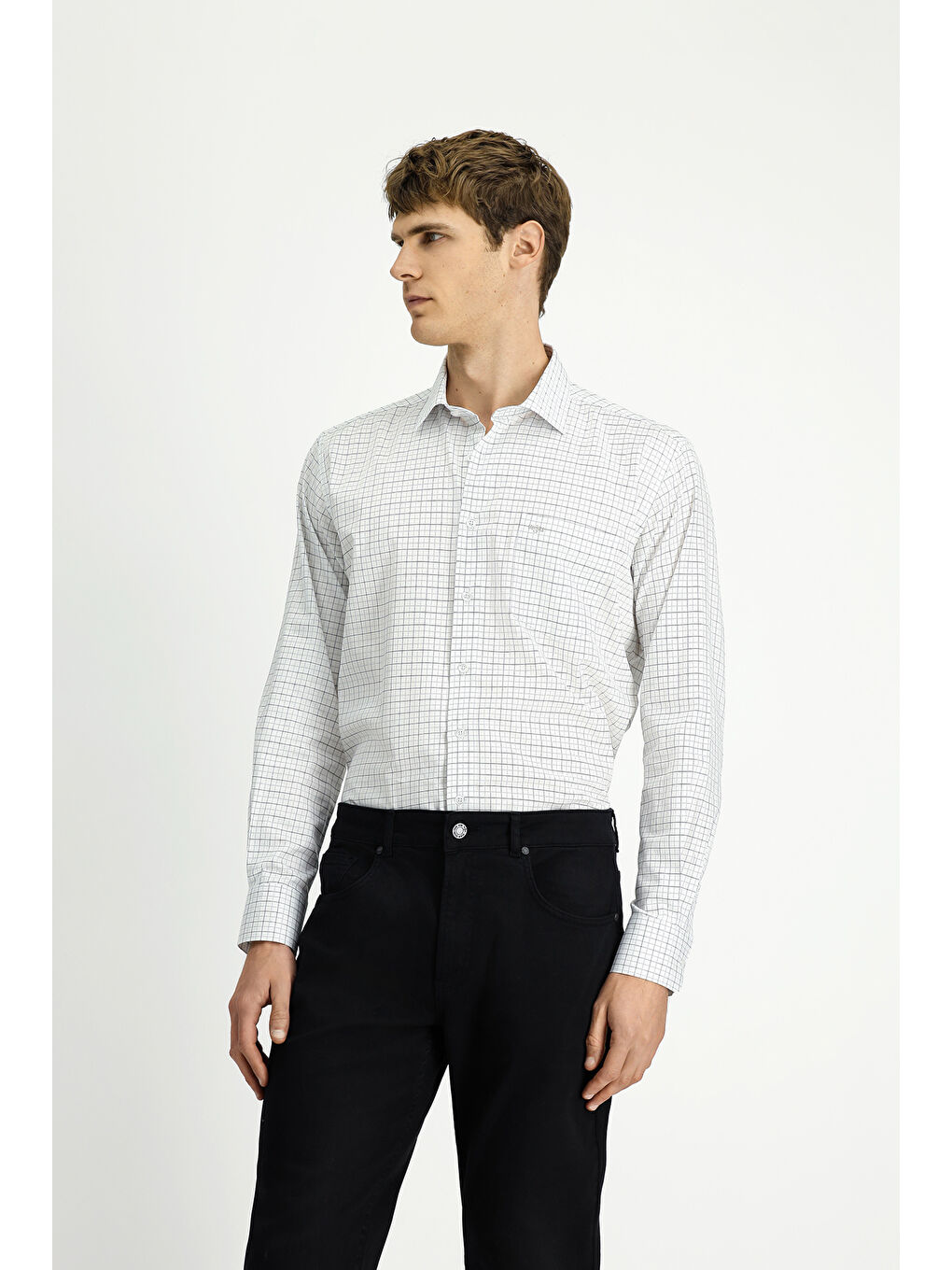 Gri Uzun Kol Klasik Ekose Pamuk Gömlek-2