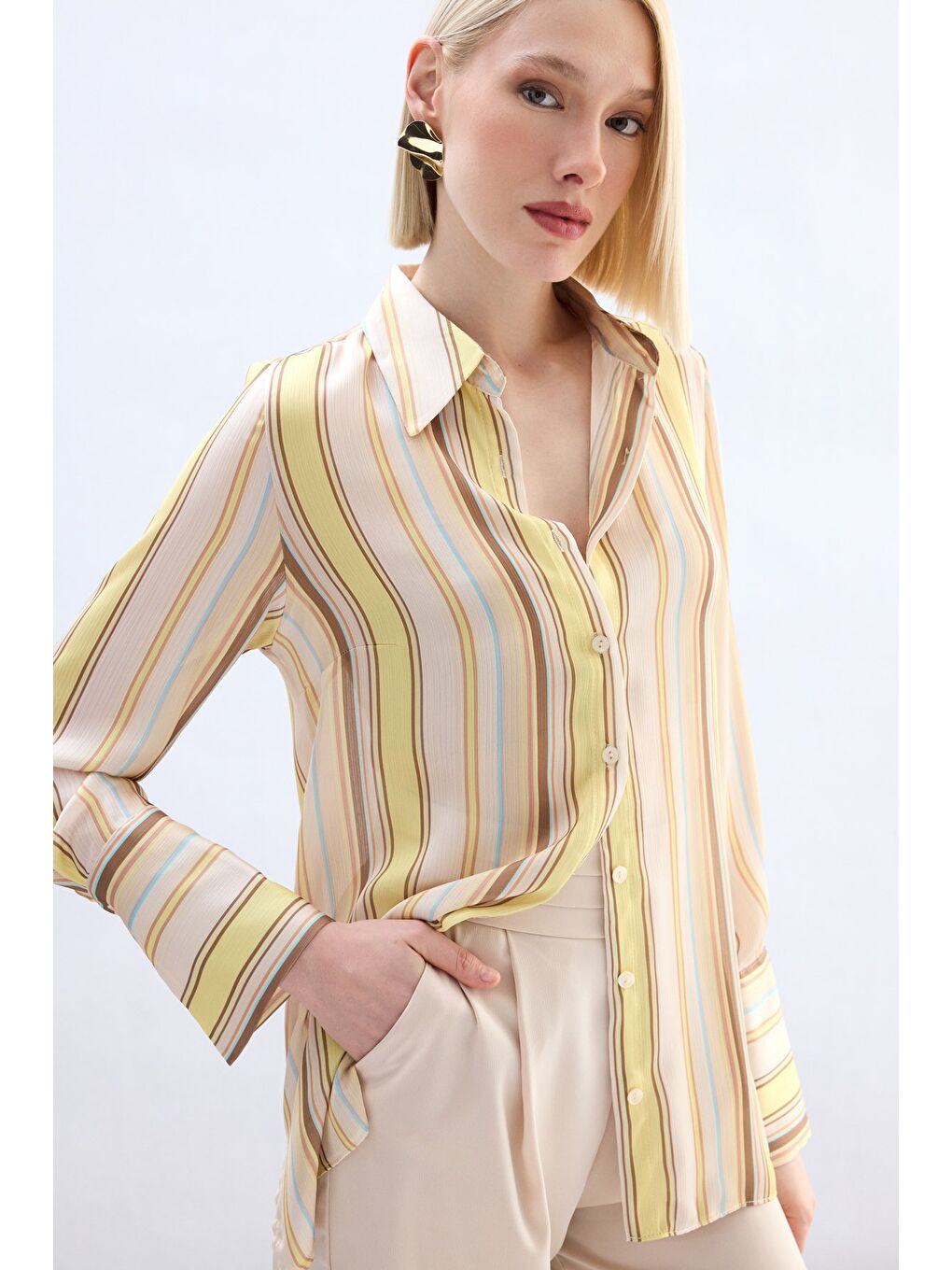 Renkli Çizgili Gömlek - Sarı-1
