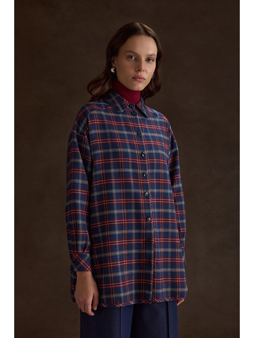 Lacivert Ekose Desenli Tunik