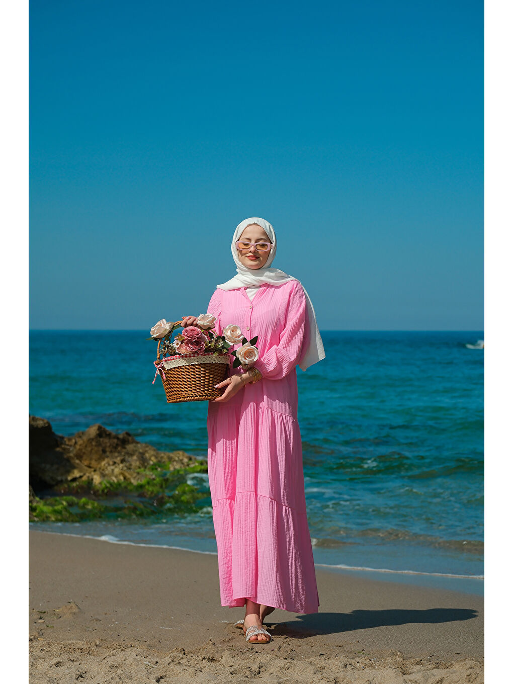 Kadın Kendinden Desenli Elbise Pembe-2