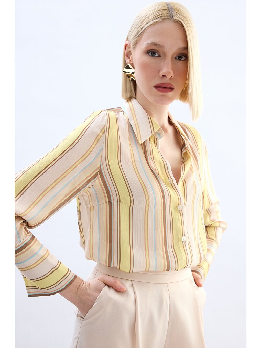 Renkli Çizgili Gömlek - Sarı-2