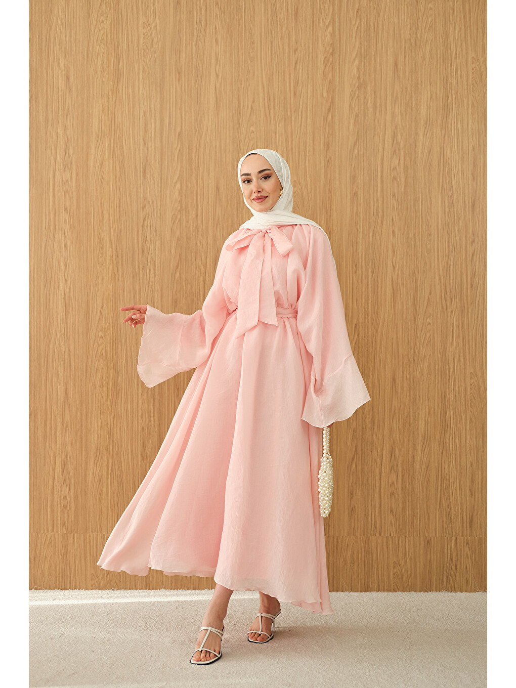 Kadın Tül Kumaş Boyun Bağlamalı Detaylı Bel Bağlamalı Elbise Pembe-1